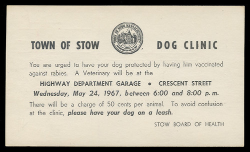 Stow, Massachusetts  Public Dog Vaccination  Program (On Scott #UX48) - Est. period of use, 1967.