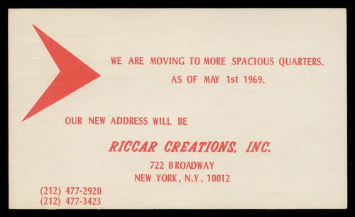 Riccar Creations, Inc., Moving Notice (On Scott #UX55) - Est. period of use, 1969.