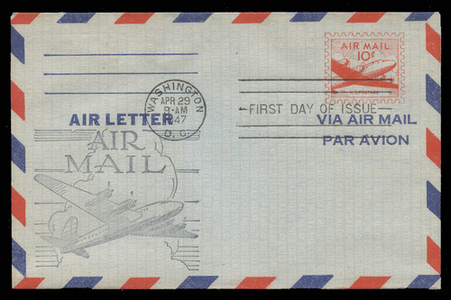 U.S. Scott #UC16 10c Plane Air Letter Sheet First Day Cover.  Day Lowry Aristocrat cachet.  Rubber Stamp.