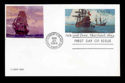 U.S. Scott #UX101 13c Ark & Dove, Maryland Postal Card First Day Cover.  Sarzin Quadrocolorplus cachet.