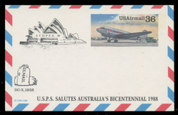 USA Scott # UXC 24/UPSS #SA23c, 1988 36c DC-3 w. SYDPEX Overprint Gov't Miscut, Narrow Top Border - Mint Airmail Postal Card (See Warranty)