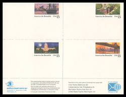 U.S. Scott # UX 142aFM, 1989 15c America the Beautiful - Sheet of 4 Postal Cards, Mint FLUORESCENT (Medium Bright) PAPER, NO CREASE (See Warranty)