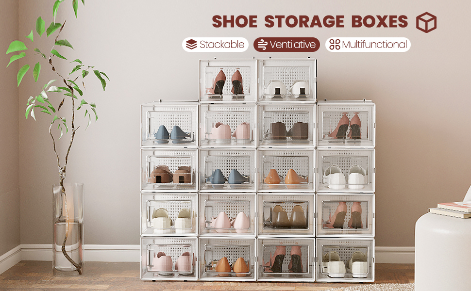 Hrrsaki Large 15 Pack Shoe Storage Organizer Boxes, Clear Shoe Boxes  Stackable, Shoe Organizer for Closet, Shoe Storage Boxes for Entryway, White