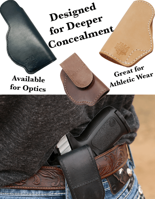 Three JM4 Tactical leather magnetic holsters in black, brown, and tan displayed above a lifestyle photo of a person wearing the brown holster on a western belt with a handgun. Text reads: "Designed for Deeper Concealment," "Available for Optics," and "Great for Athletic Wear."