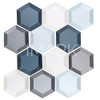 New York Series Mixed 3D Hexagon Cold Blue, Gray & White Glossy Glass Mosaic 12" x 10" Backsplash Tiles 