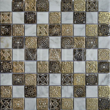 Roman Pattern Gold Foil Resin & Carrara White Marble Tile Mosaic