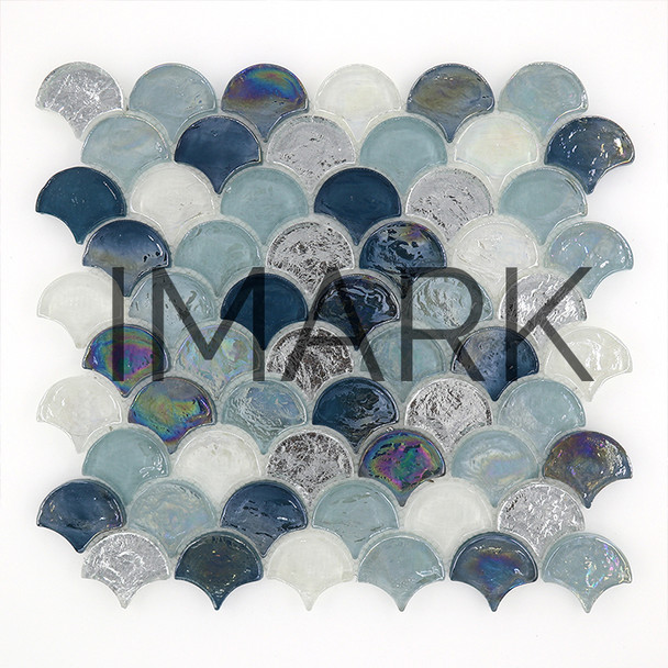 Blue Mix Iridescent Swimming Pool Fan Shaped Glass Mosaic Tile