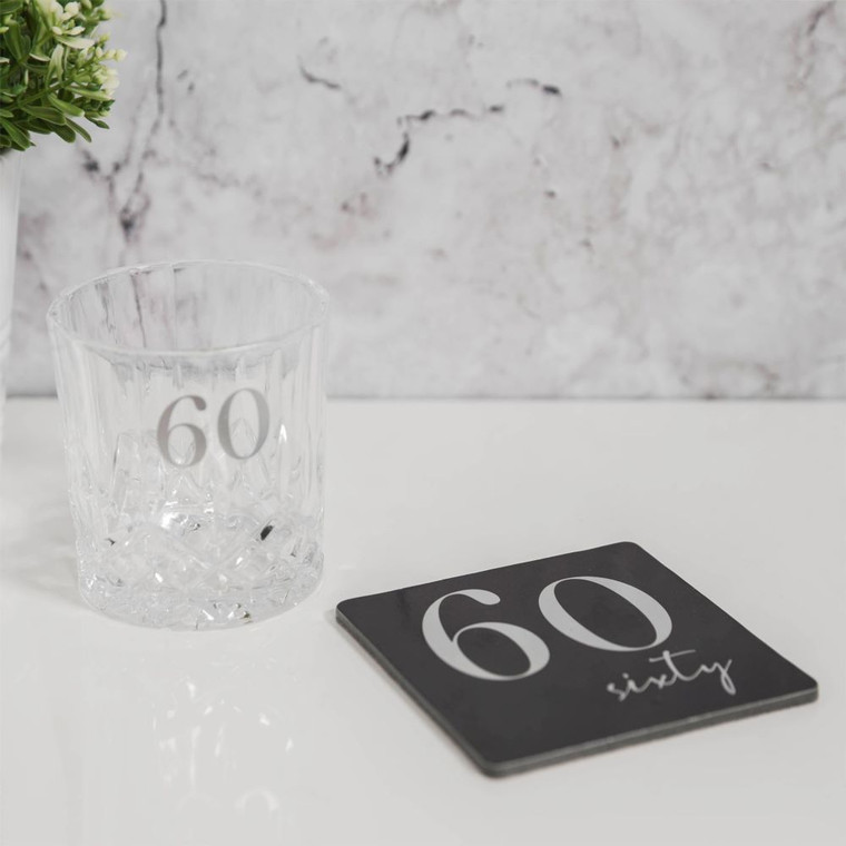 MMILESTONES CUT GLASS WHISKY TUMBLER & COASTER - 60