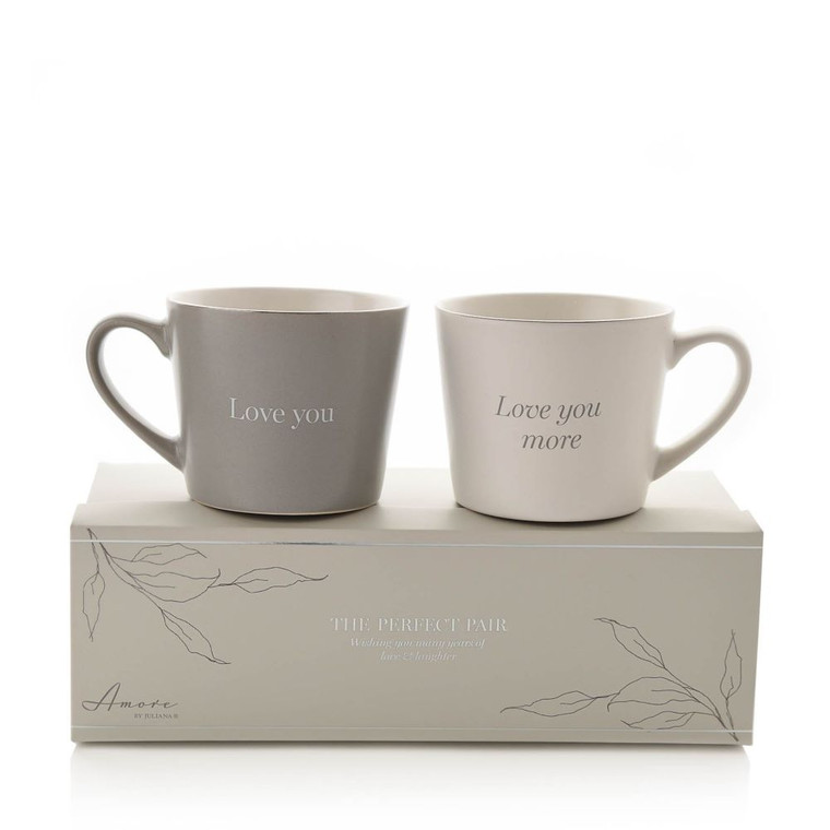 GAM217 Amore Set of 2 Grey & White Mugs - Love You & Love You More