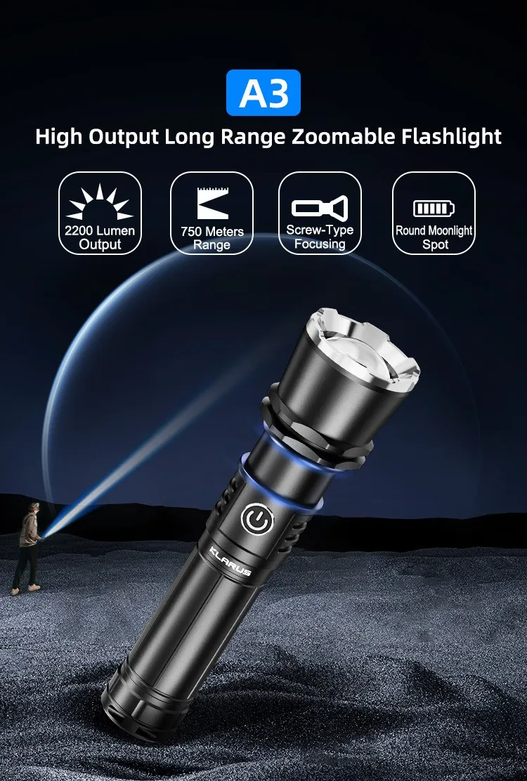 A3 high output long range zoomable flashlight with 2200 lumens, 750m range, and round moonlight spot.