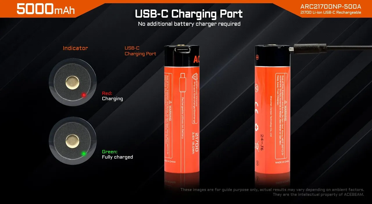 Acebeam AB21CP50 Type-C - 5000mAh 21700 USB-C Li-ion Battery showing USB-C charging port and indicator lights.