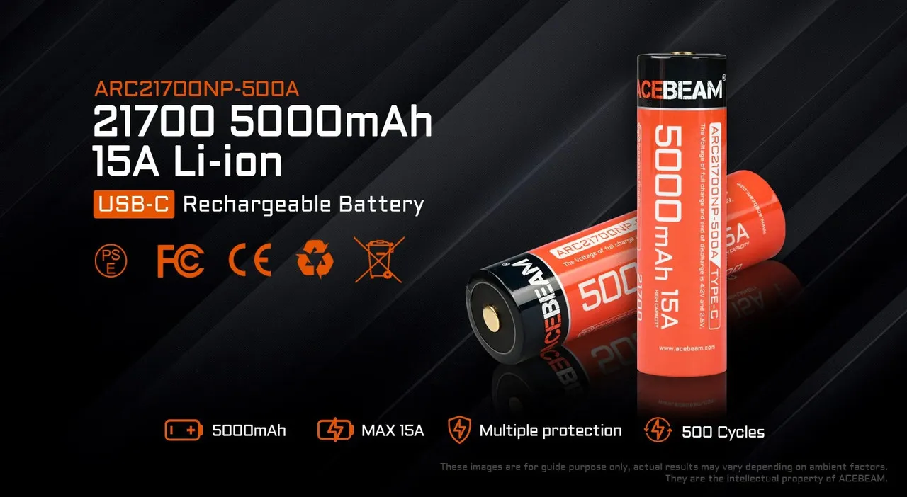 Acebeam AB21CP50 Type-C - 5000mAh 21700 USB-C Li-ion Battery standing and lying down, showing features.