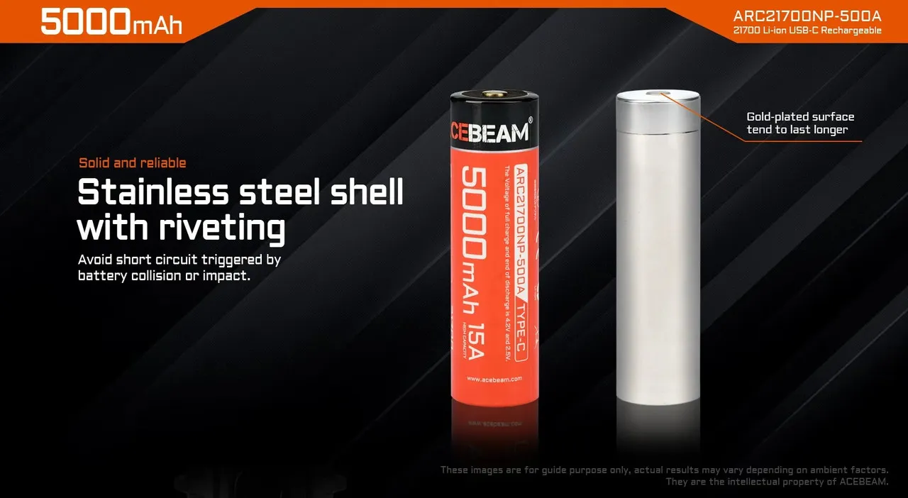 Acebeam AB21CP50 Type-C - 5000mAh 21700 USB-C Li-ion Battery showing stainless steel shell and gold-plated surface.