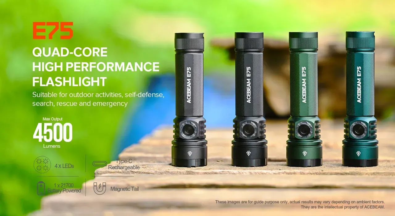 Four Acebeam E75 high performance flashlights in grey, black, and green colors on a wooden surface.