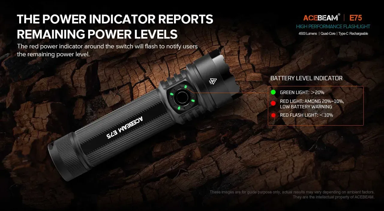 Acebeam E75 flashlight on wood, showing green power indicator and battery level descriptions.