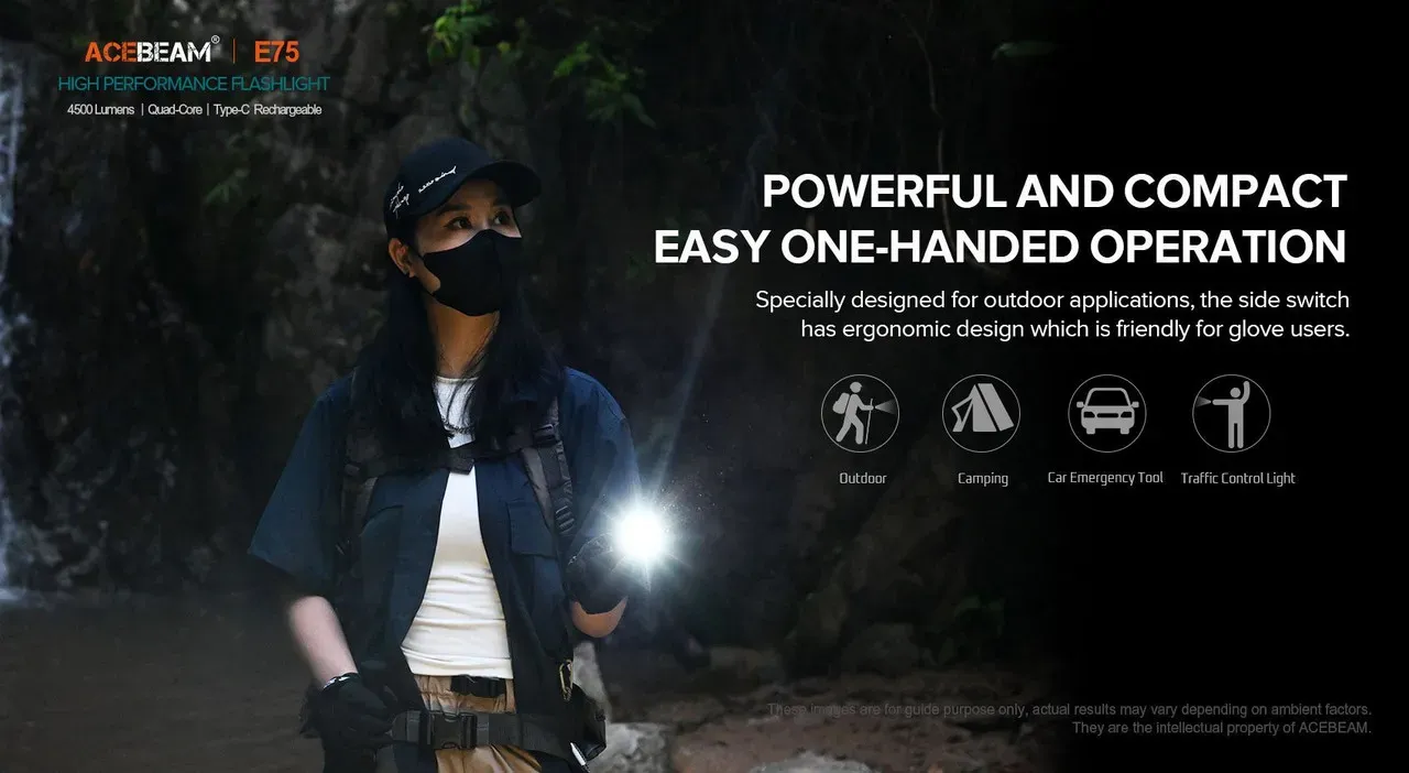Person holding Acebeam E75 flashlight outdoors, demonstrating its powerful and compact one-handed operation.