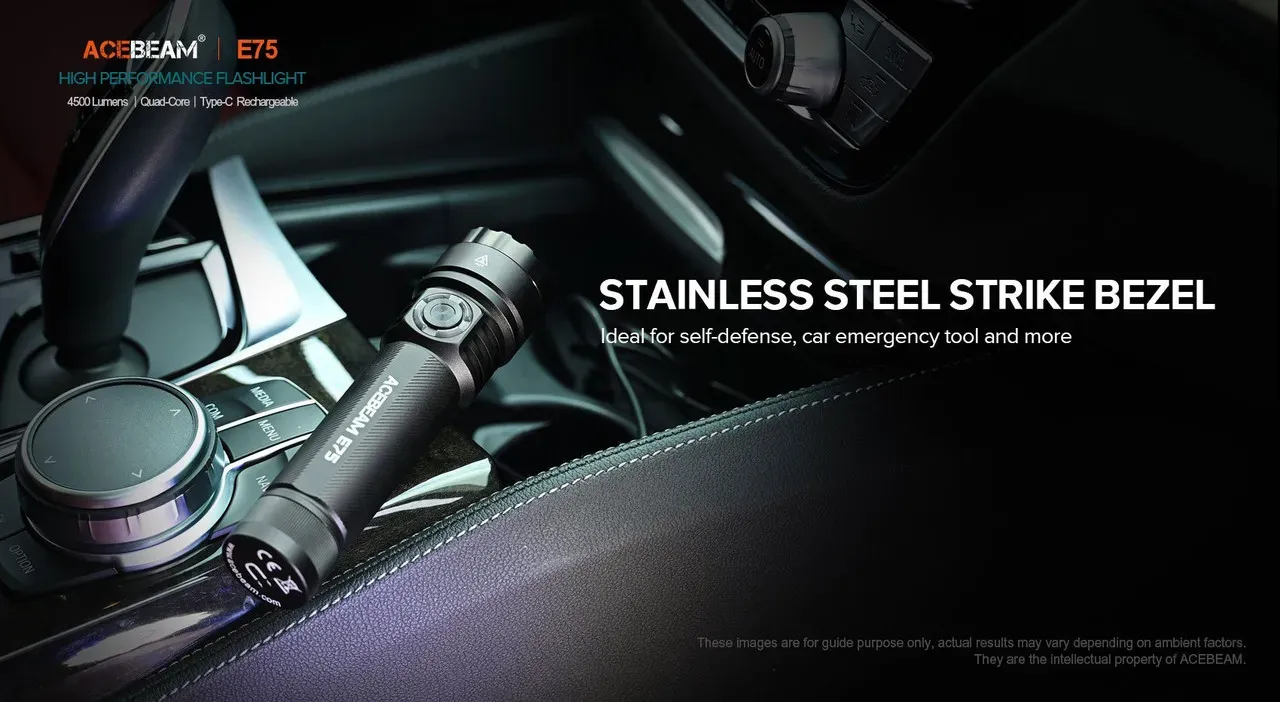 Acebeam E75 flashlight with stainless steel strike bezel inside a car, ideal for self-defense.