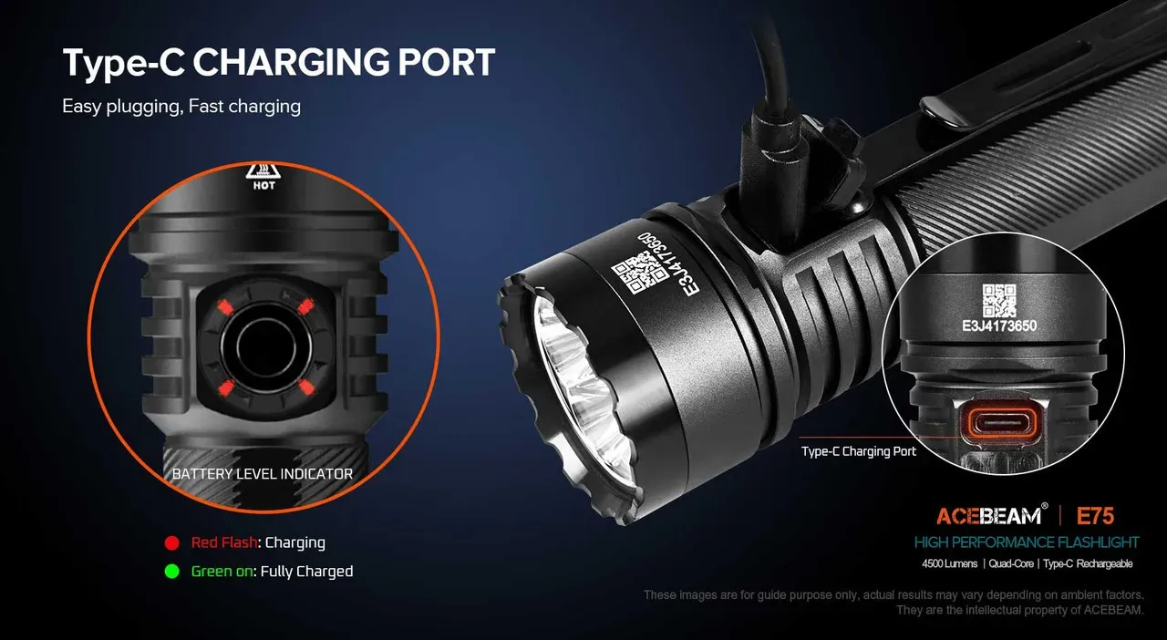 Acebeam E75 flashlight showing Type-C charging port and red/green battery level indicator lights.