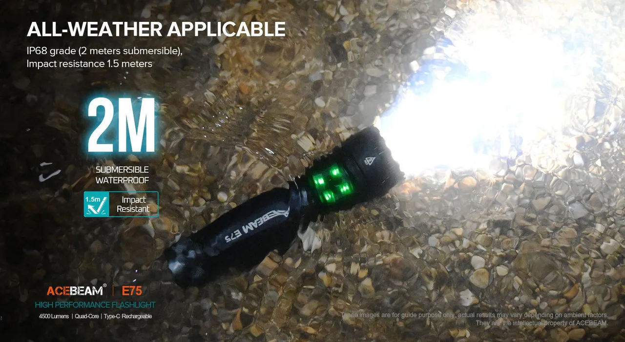 Acebeam E75 flashlight submerged in water, demonstrating IP68 waterproof and 1.5m impact resistance.
