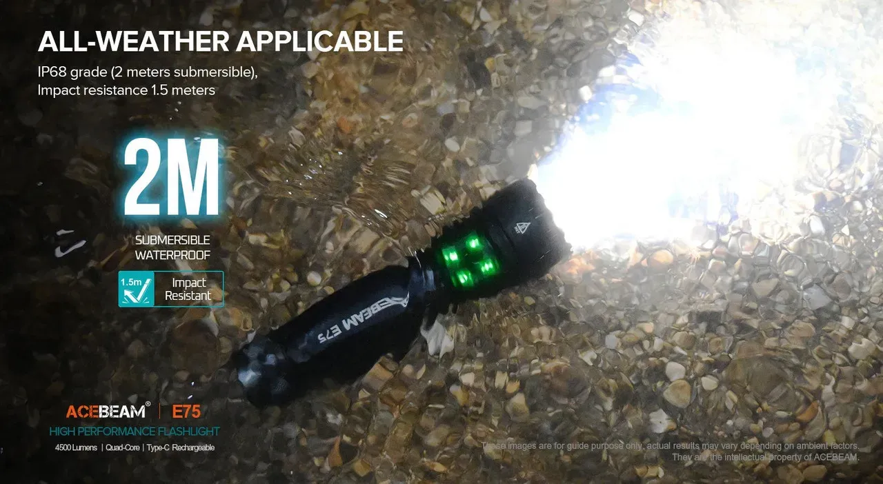 Acebeam E75 flashlight glowing underwater, demonstrating its IP68 2-meter submersible waterproof rating.