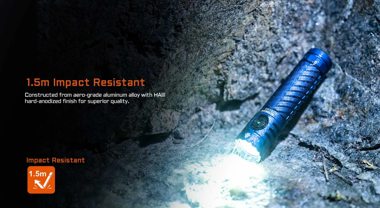 AceBeam EC20 - Multi-colour output 2800 lumen EDC torch on a rock, highlighting 1.5m impact resistance.