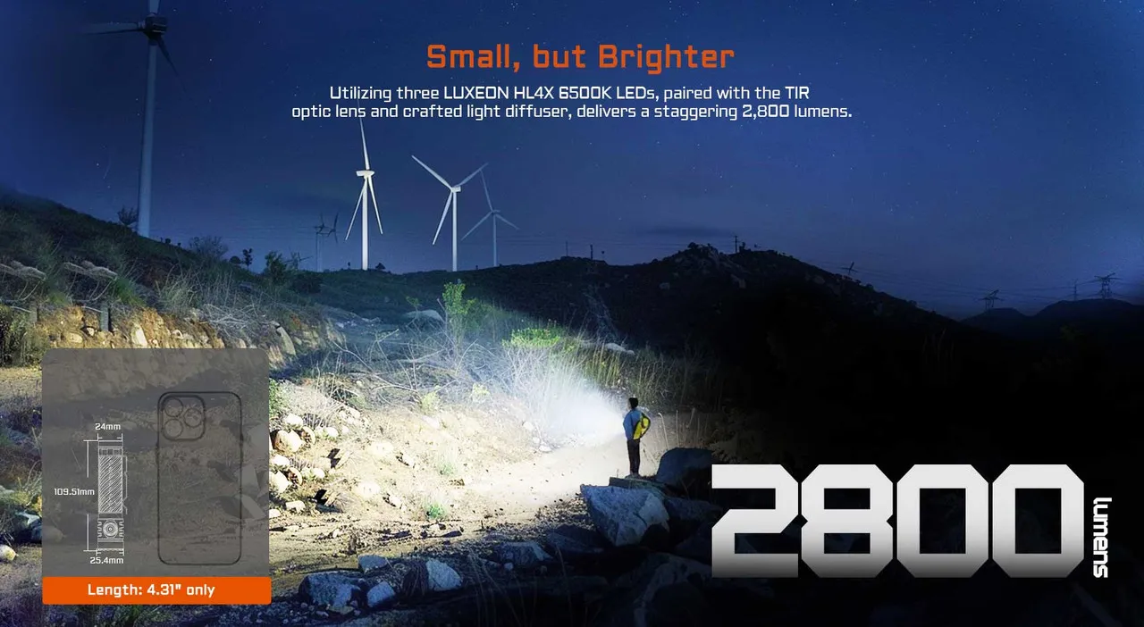 AceBeam EC20 - Multi-colour output 2800 lumen EDC torch illuminating a path at night, highlighting 2800 lumens.