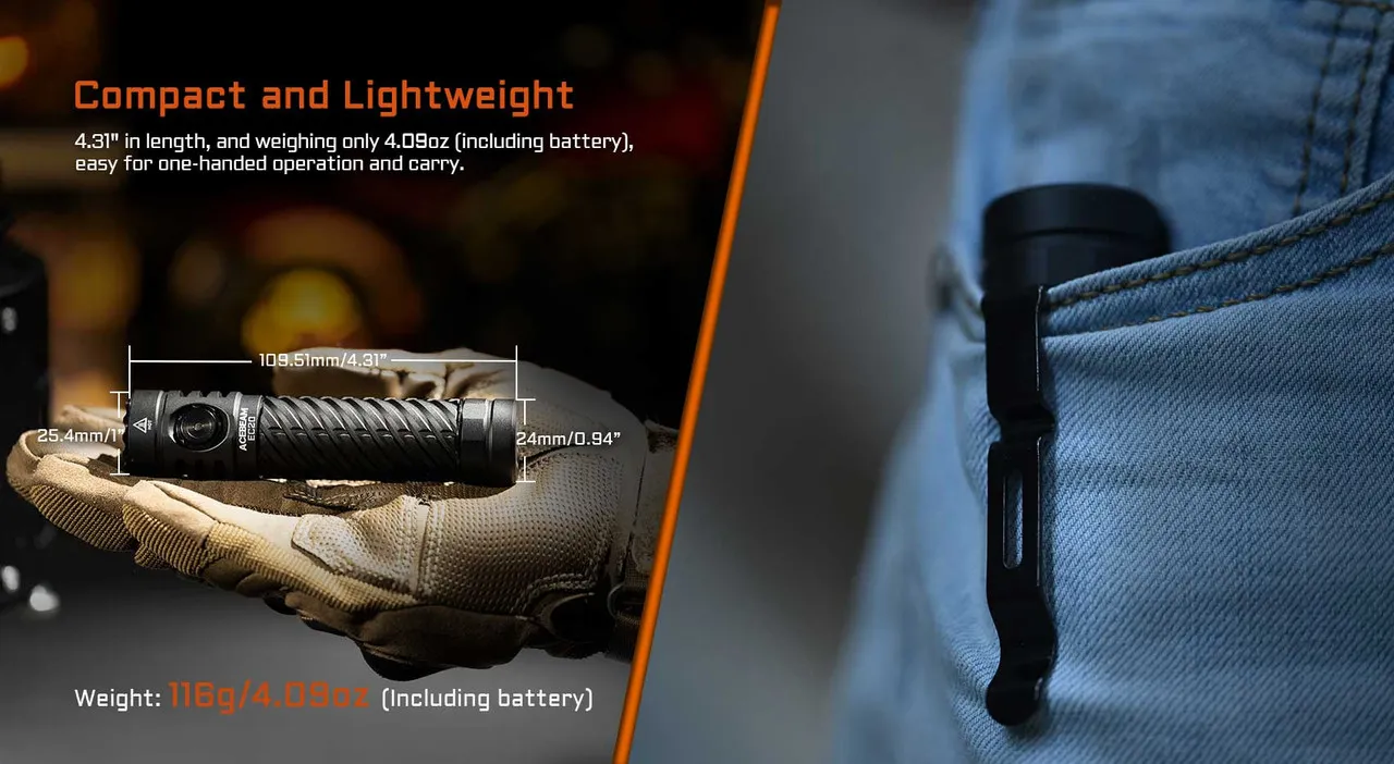 AceBeam EC20 - Multi-colour output 2800 lumen EDC torch, compact and lightweight, shown in hand and clipped to a pocket.