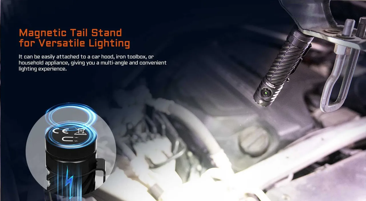 AceBeam EC20 - Multi-colour output 2800 lumen EDC torch with magnetic tail stand attached to a car hood.