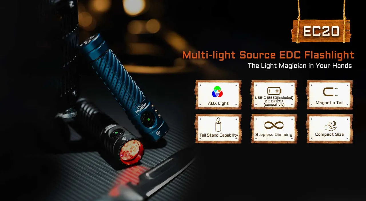 AceBeam EC20 - Multi-colour output 2800 lumen EDC torch showing key features like AUX light, USB-C charging, and magnetic tail.
