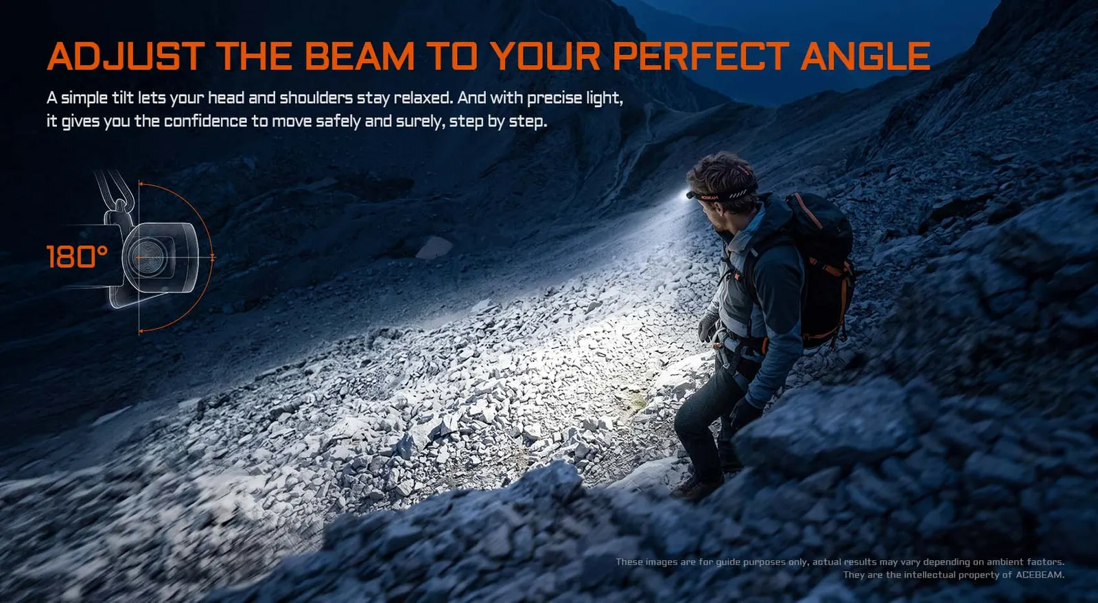 Acebeam H18 headlamp in use by a hiker on a mountain, demonstrating its 180-degree adjustable beam angle for precise lighting.