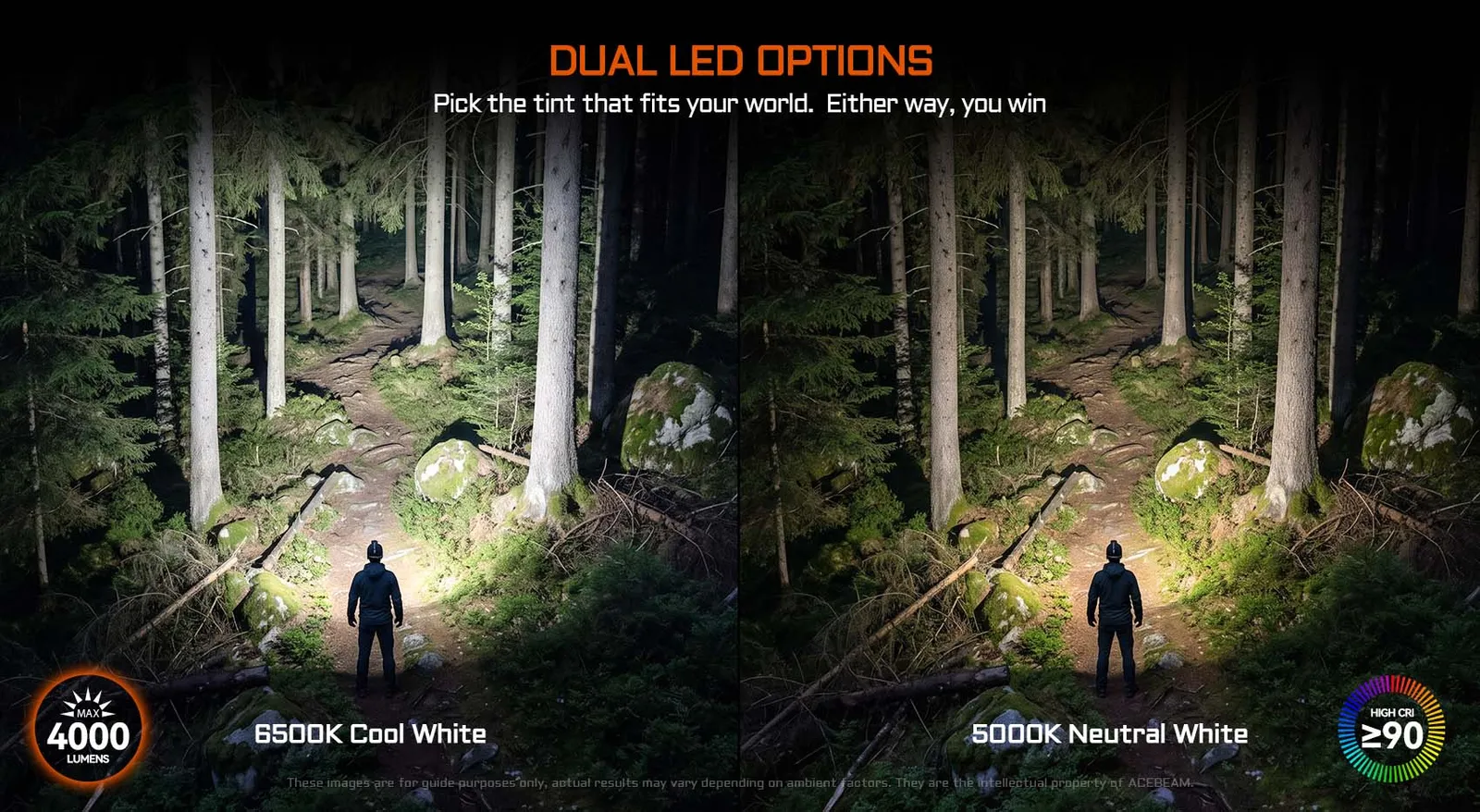 Comparison of Acebeam H18 headlamp's dual LED options: 6500K Cool White and 5000K Neutral White in a forest.