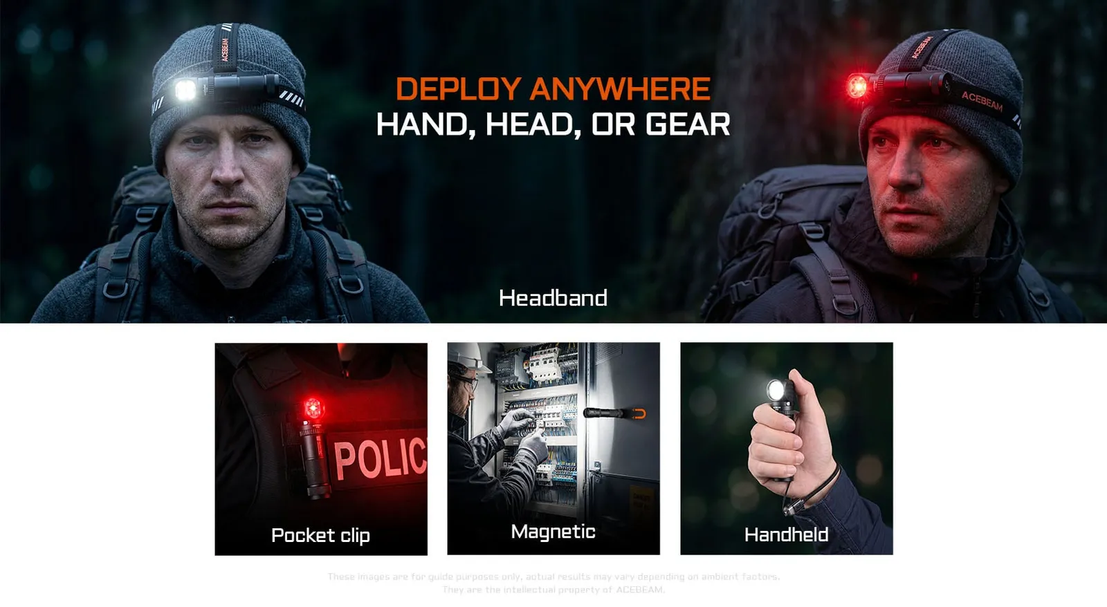 Acebeam H18 headlamp shown in various deployment options: headband, pocket clip, magnetic attachment, and handheld use.