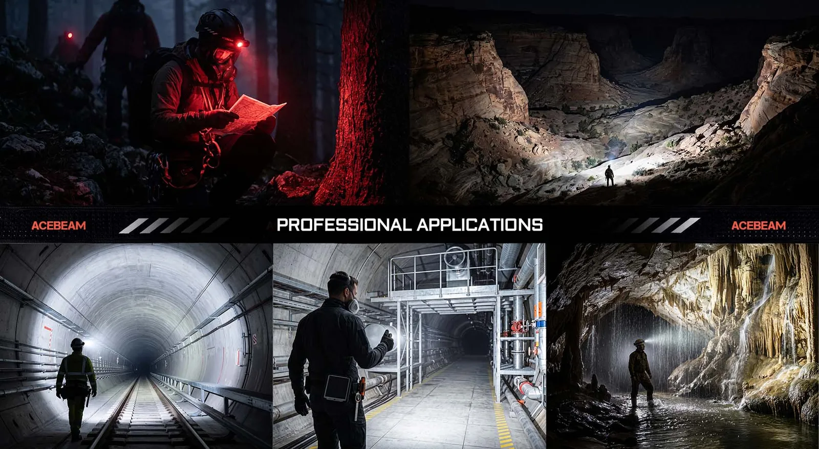 Collage of Acebeam H18 headlamp in various professional applications: hiking, caving, industrial inspection, and tunnel exploration.