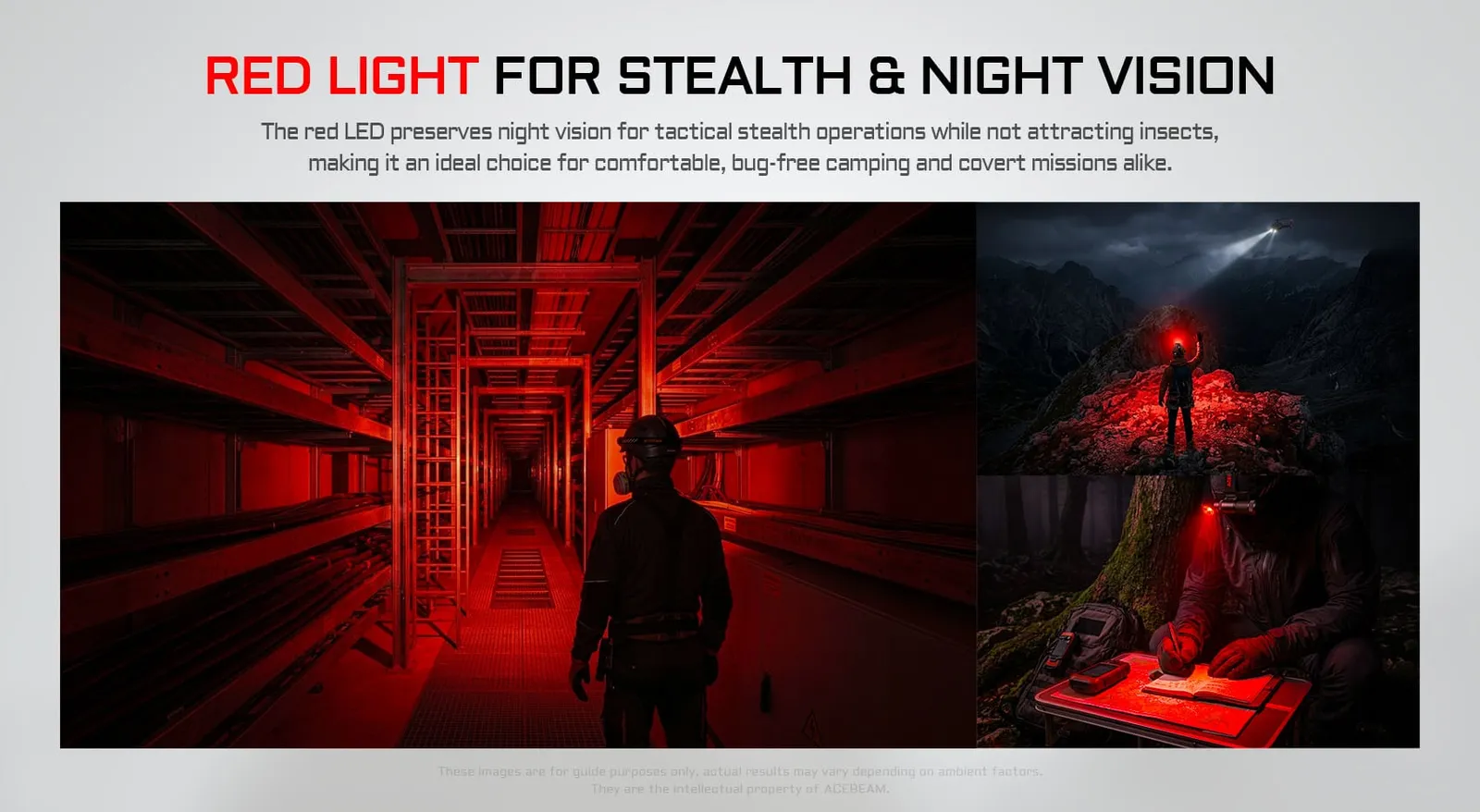 Acebeam H18 headlamp's red light feature for night vision and stealth, shown in a tunnel, on a mountain, and for reading.