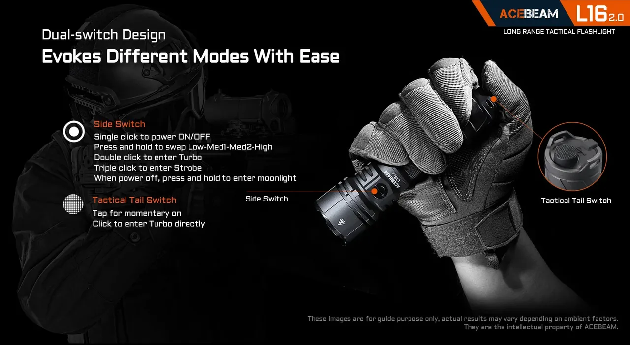 Acebeam L16 2.0 - 670m Long-Range Tactical Torch held in hand, highlighting its dual side and tactical tail switch design.