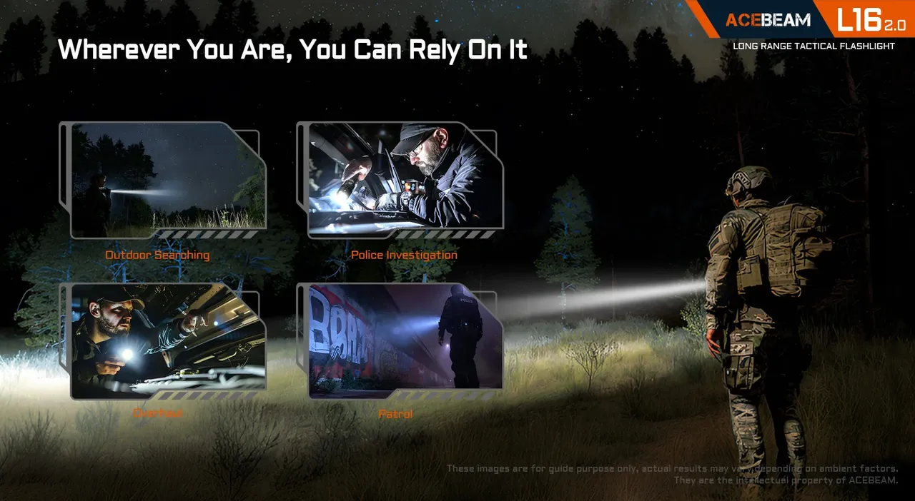 Various in-use scenarios for the Acebeam L16 2.0 - 670m Long-Range Tactical Torch, including outdoor, police, and patrol.
