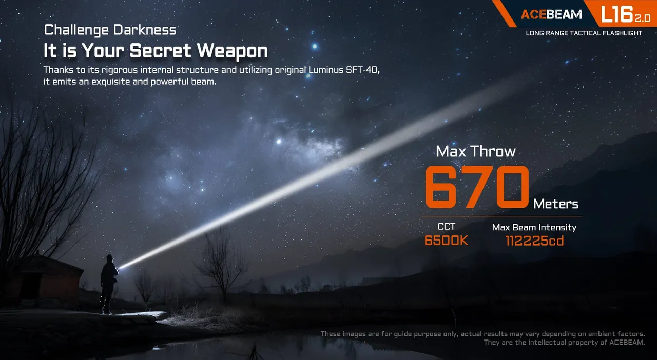 Person using the Acebeam L16 2.0 - 670m Long-Range Tactical Torch to cast a powerful 670-meter beam across a dark landscape.
