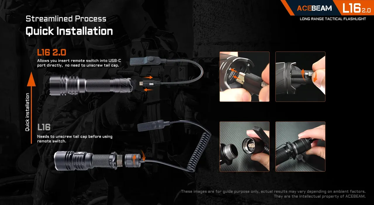 Quick installation guide for the Acebeam L16 2.0 - 670m Long-Range Tactical Torch remote switch via USB-C.