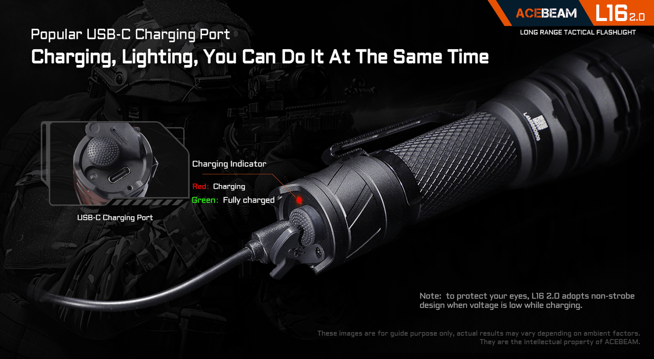 Acebeam L16 2.0 - 670m Long-Range Tactical Torch being charged via its USB-C port with a red indicator light.