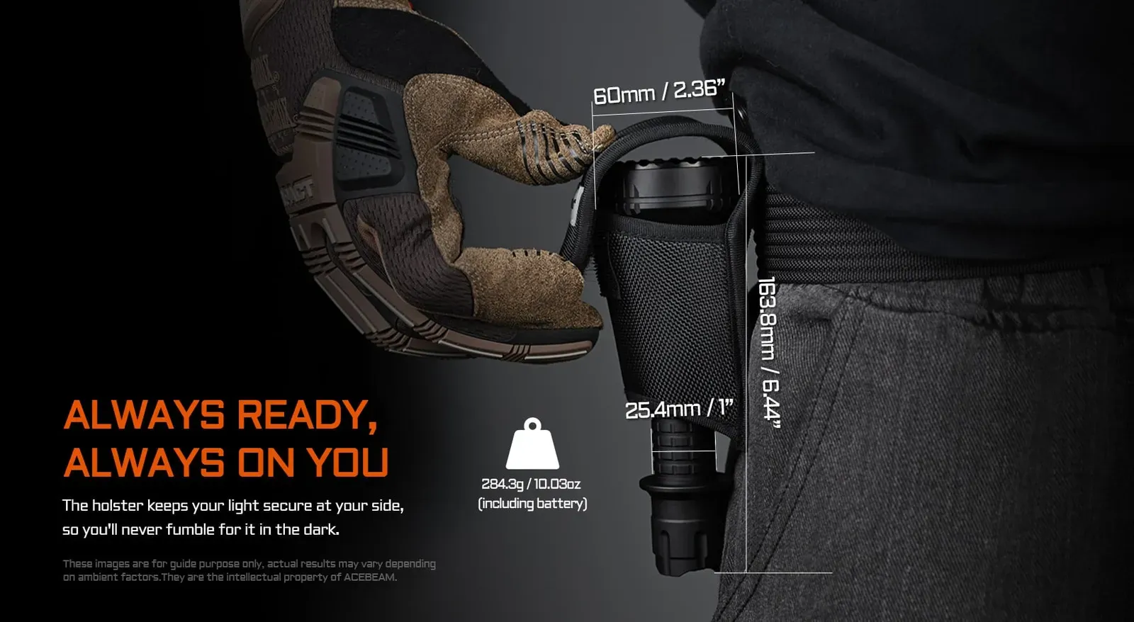 AceBeam L19 2.0 - 1km+ Throw Spotlight with White or Green LED in a belt holster with dimensions.
