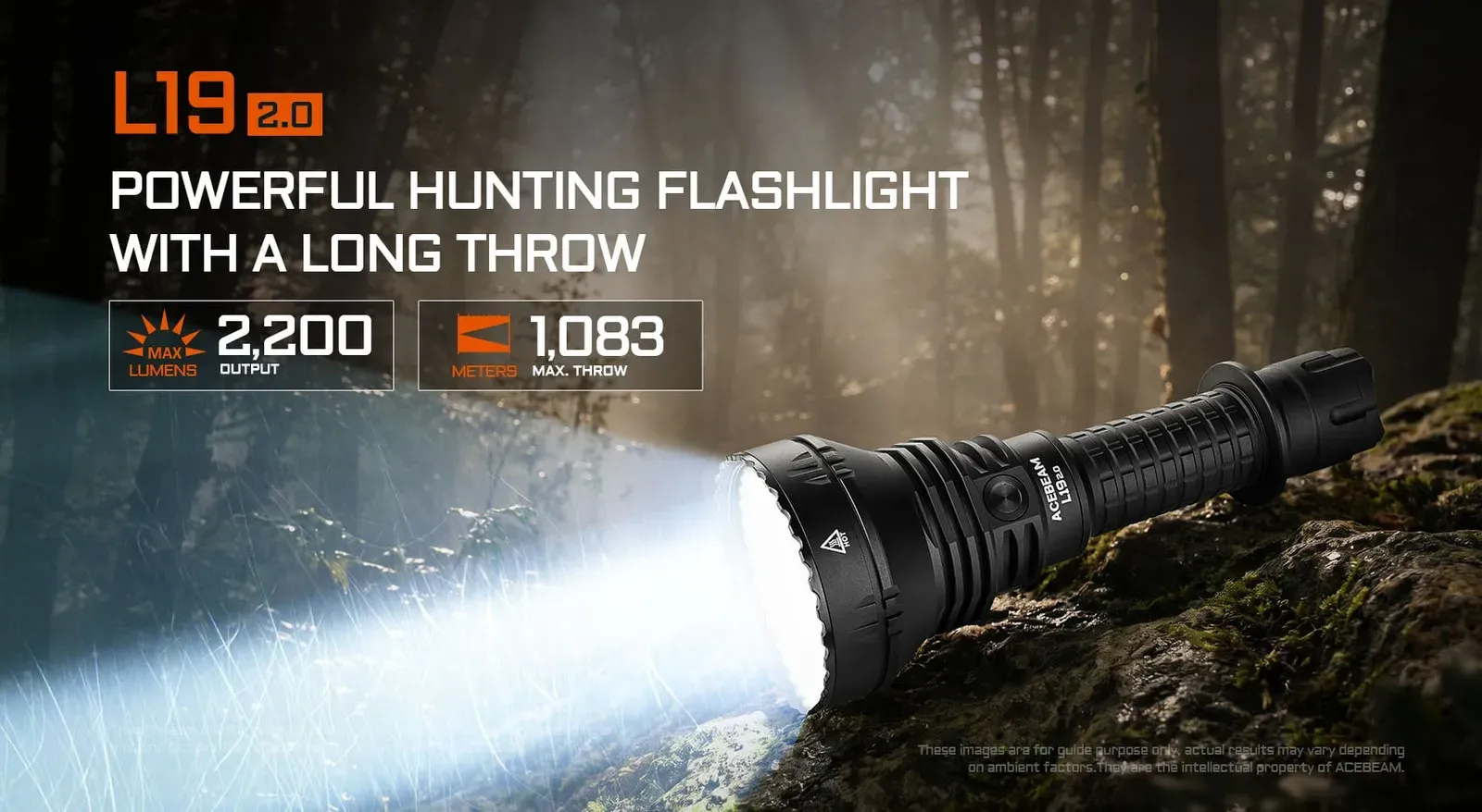 AceBeam L19 2.0 - 1km+ Throw Spotlight with White or Green LED shining a powerful beam in a forest.