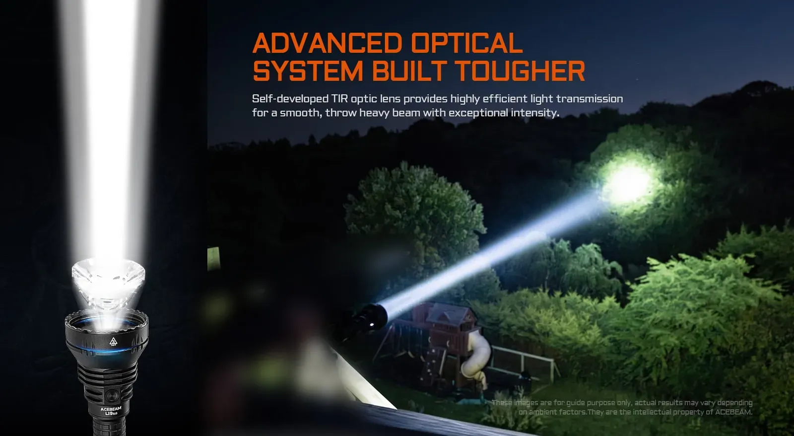 Close-up of the AceBeam L19 2.0 - 1km+ Throw Spotlight with White or Green LED's TIR lens and beam.