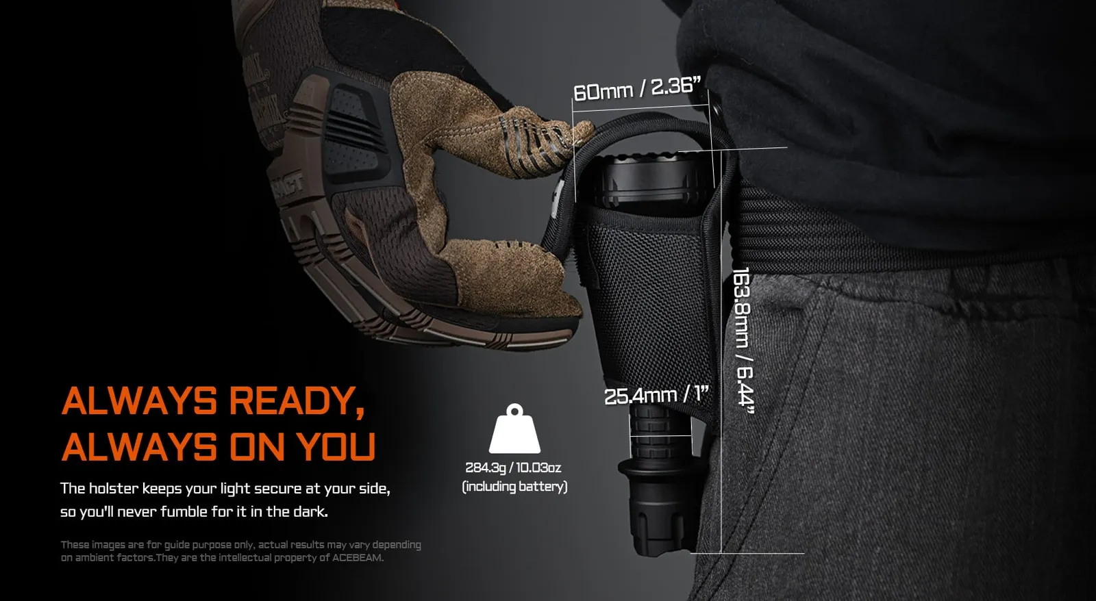 AceBeam L19 2.0 - 1km+ Throw Spotlight with White or Green LED in its holster on a belt.