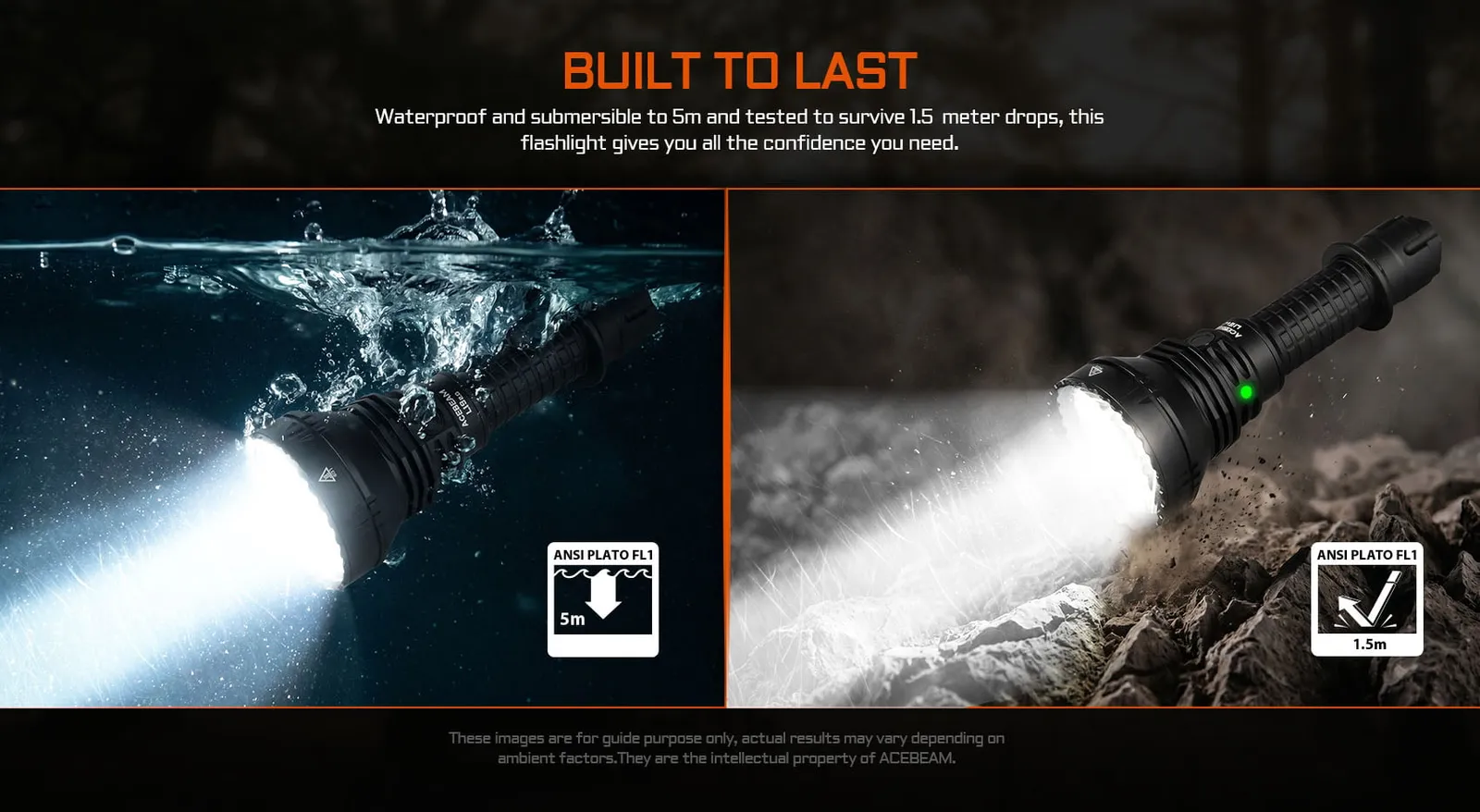 AceBeam L19 2.0 - 1km+ Throw Spotlight with White or Green LED shown waterproof and drop-resistant.