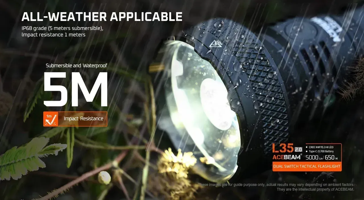 Acebeam L35 2.0 - 650m 5000 Lumen Long-range Tactical LED Torch in rain, highlighting 5m submersible and 1m impact resistance.