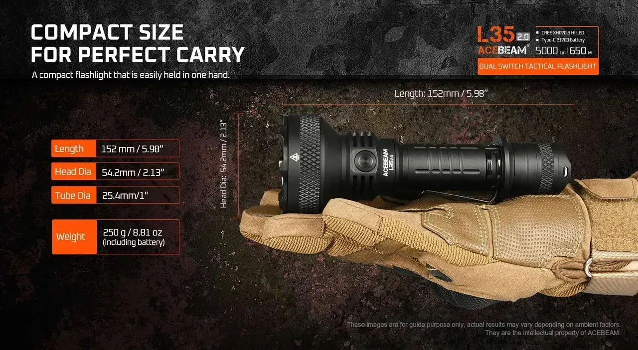 Acebeam L35 2.0 - 650m 5000 Lumen Long-range Tactical LED Torch held in hand, displaying compact size and dimensions.