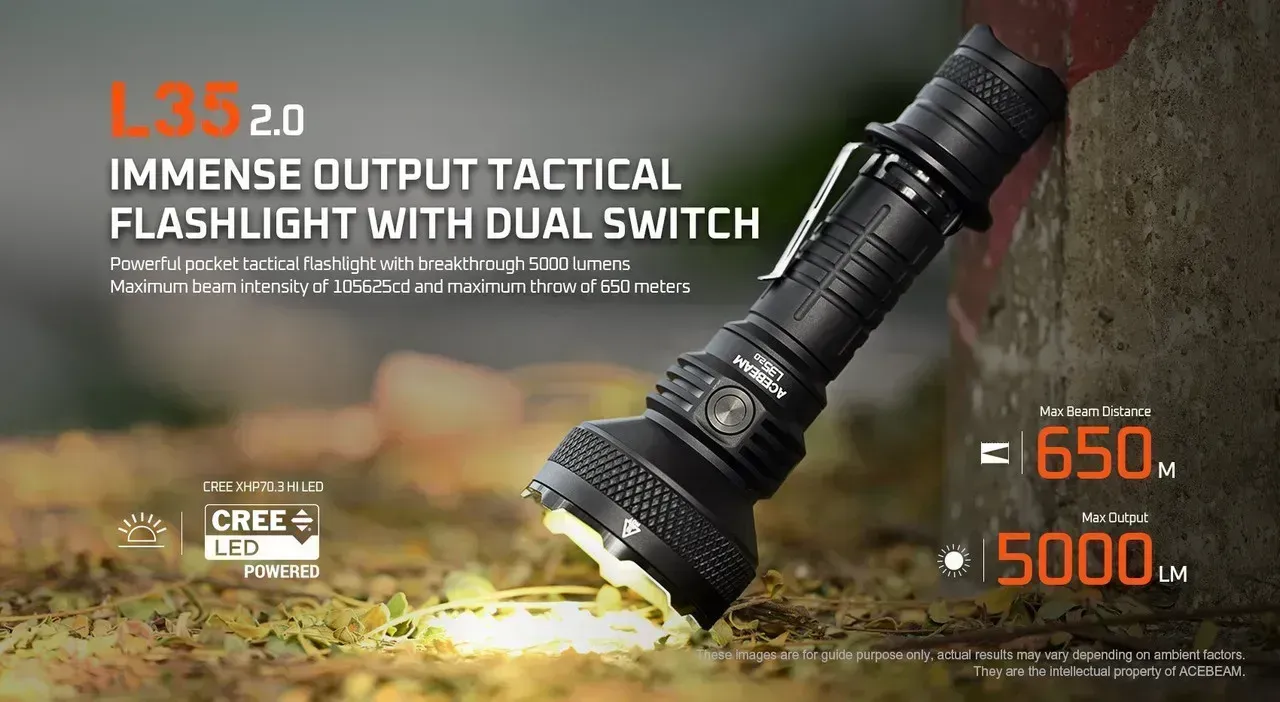 Acebeam L35 2.0 - 650m 5000 Lumen Long-range Tactical LED Torch illuminating the ground, highlighting 650m beam and 5000 lumens.