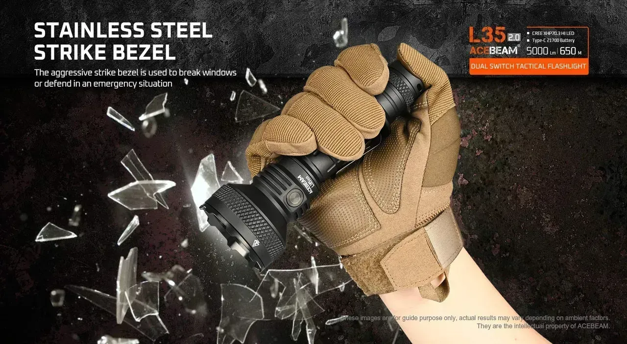 Acebeam L35 2.0 - 650m 5000 Lumen Long-range Tactical LED Torch with stainless steel strike bezel, surrounded by shattered glass.