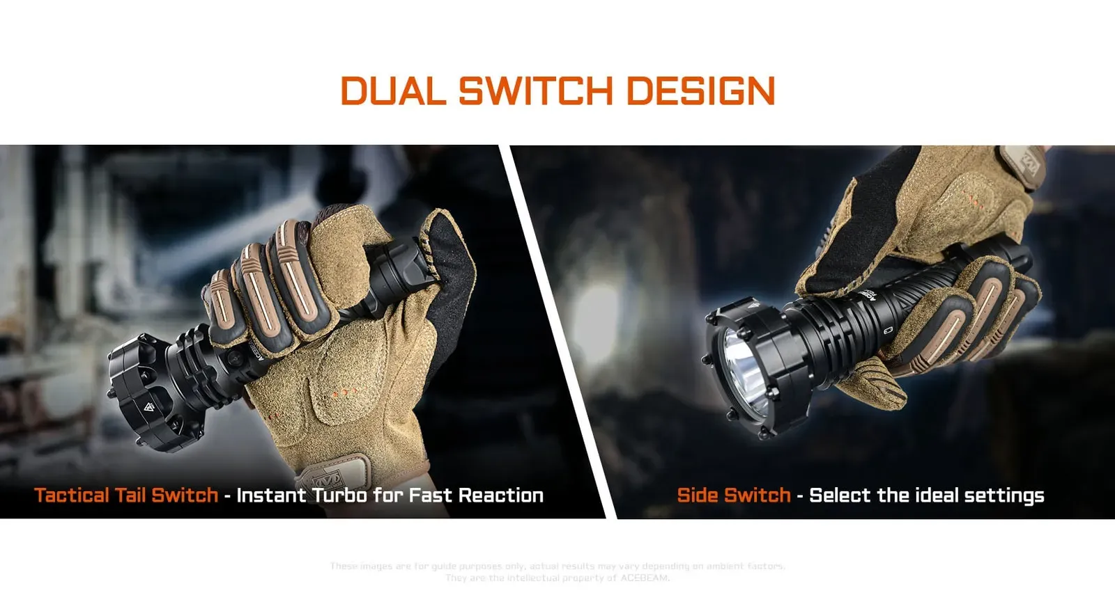 Acebeam P20 Mini flashlight demonstrating its dual switch design with tactical tail switch and side switch.