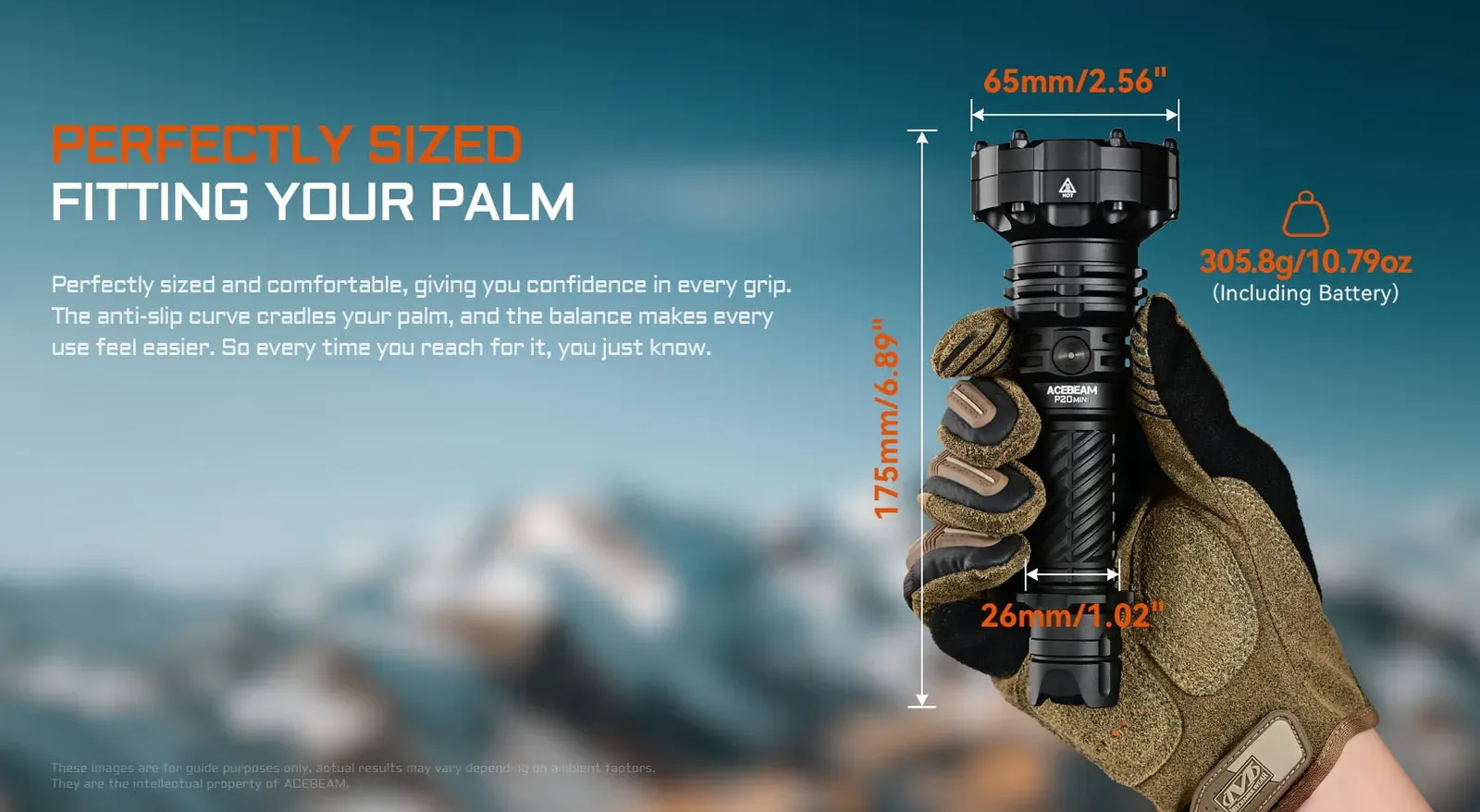 Hand holding the Acebeam P20 Mini flashlight, showing its dimensions (175mm) and weight (305.8g).